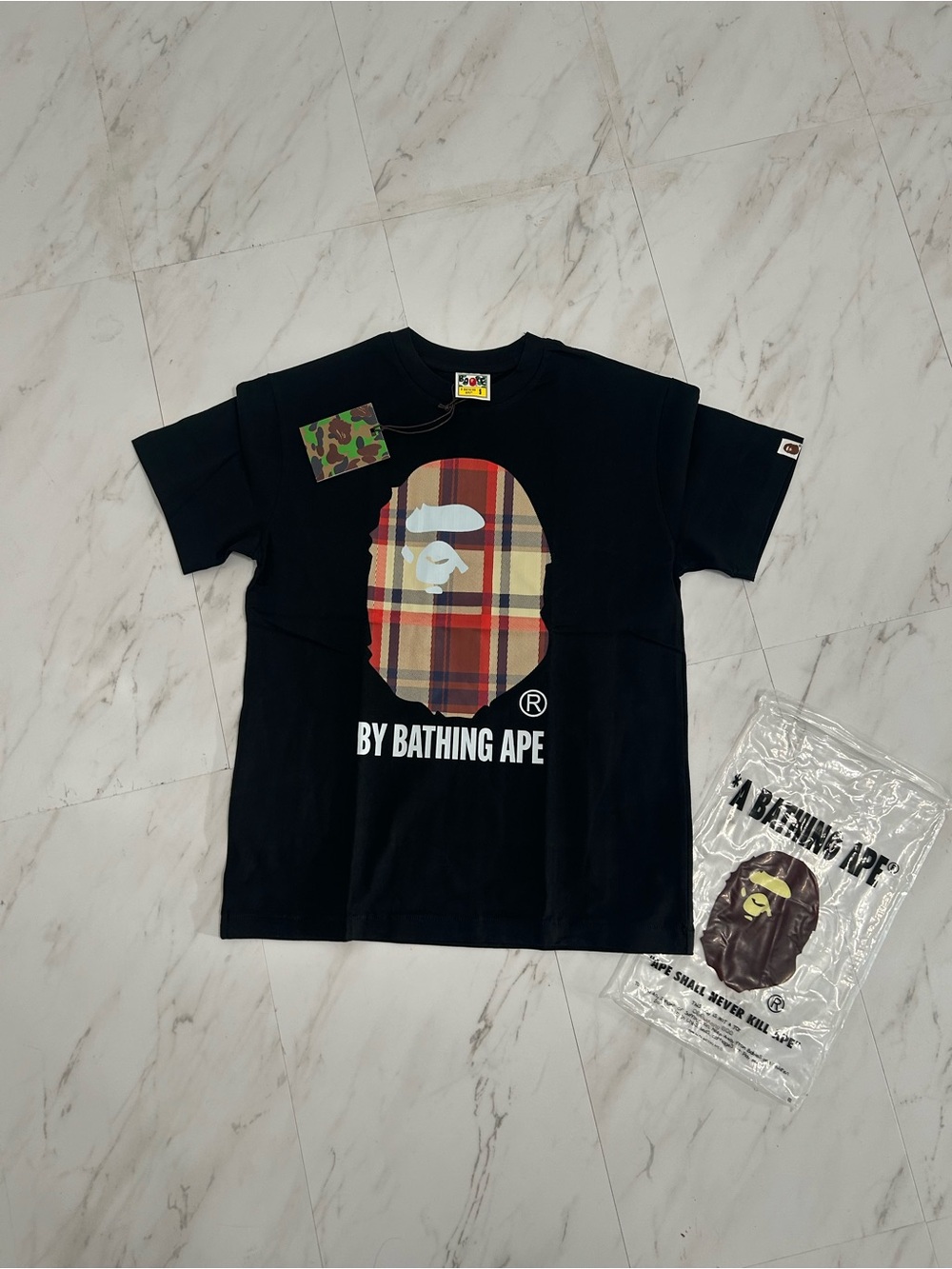 Bape Black Tee with Red Tan Plaid Ape Head